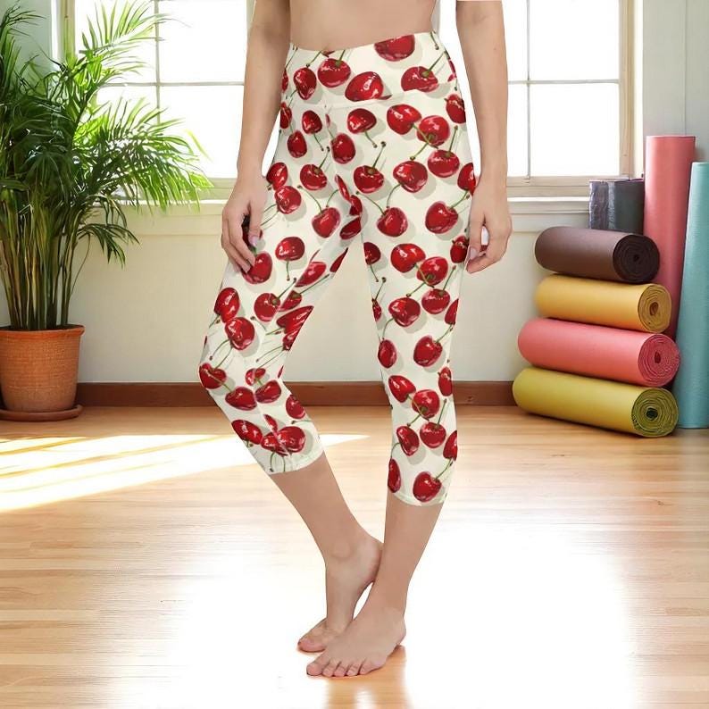 チェリープリントカプリヨガレギンス、ハイウエストシームレススポーツ