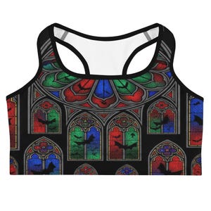 Gothic Stained Glass Sports Bra, Cathedral Print Yoga Workout Top
