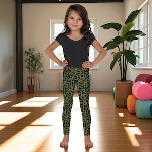 Olive Green Leopard Print Kids Yoga Pants, Yoga Leggings, Leopard Print Pants, Birthday Gift Idea, Animal Print Pants, Sporty Kids Outfit