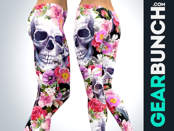 Floral Skull Leggings for Women, Vibrant Colorful Halloween Plus Size High  Waist Printed Leggings, Sexy Gym Workout Exercise Yoga Pants 