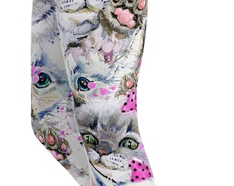 Women's Watercolor Kitty Print Leggings – Whimsical Feline Activewear