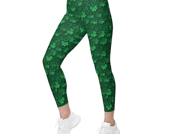 Workout Leggings Women: Irish Shamrock Design with Pockets - St Patrick's Day Activewear