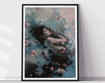 Woman dreaming on Clouds and Flowers | Emotionales Abstraktes Kunst Poster | Fine-Art-Druck | Impressionismus Gemälde | Floral & Träumerisch