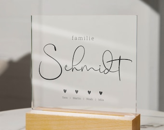Familien Schild, personalisierbare Acryl Platte mit Holzständer Geschenk zur Hochzeit Einweihung, Geburtstag, LED Lampe Nachttisch