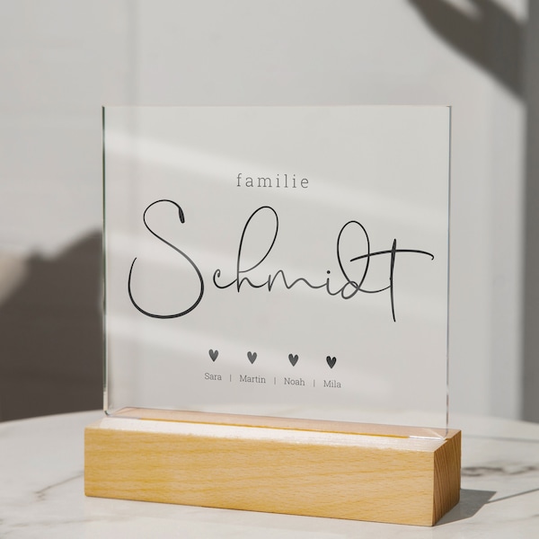 Familien Schild, personalisierbare Acryl Platte mit Holzständer Geschenk zur Hochzeit Einweihung, Geburtstag, LED Lampe Nachttisch