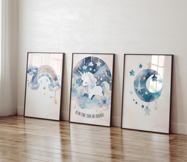 Einhorn Poster 3er Set mit positiven Affirmationen, Aquarell Wandbild Kinderzimmer, Glaubenssätze Kind, Zauberhafte Mutmach Geschenk image 8