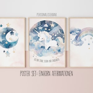 Einhorn Poster 3er Set mit positiven Affirmationen, Aquarell Wandbild Kinderzimmer, Glaubenssätze Kind, Zauberhafte Mutmach Geschenk image 1