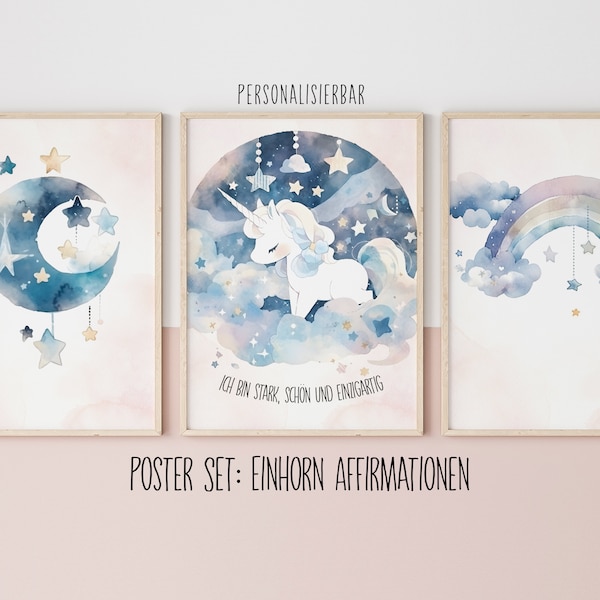 Einhorn Poster 3er Set mit positiven Affirmationen, Aquarell Wandbild Kinderzimmer, Glaubenssätze Kind, Zauberhafte Mutmach Geschenk