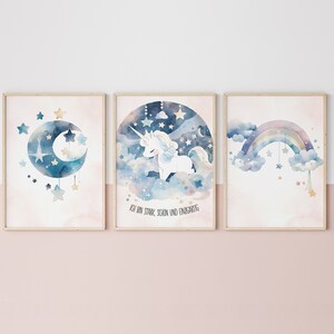 Einhorn Poster 3er Set mit positiven Affirmationen, Aquarell Wandbild Kinderzimmer, Glaubenssätze Kind, Zauberhafte Mutmach Geschenk image 3