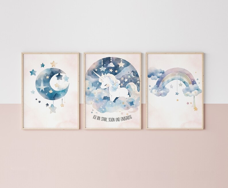 Einhorn Poster 3er Set mit positiven Affirmationen, Aquarell Wandbild Kinderzimmer, Glaubenssätze Kind, Zauberhafte Mutmach Geschenk image 3