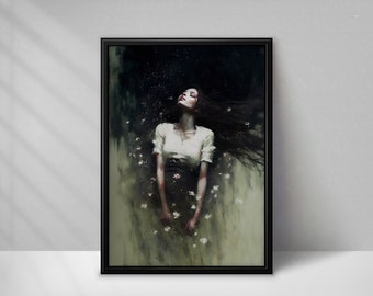 Kunst Poster Abstrakt Emotional Portrait Painting | Woman floating in Flowers | Fine-Art-Druck | Mysteriöser dunkler Ausdruck