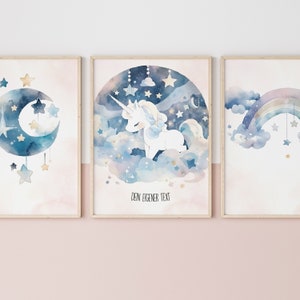 Einhorn Poster 3er Set mit positiven Affirmationen, Aquarell Wandbild Kinderzimmer, Glaubenssätze Kind, Zauberhafte Mutmach Geschenk image 2