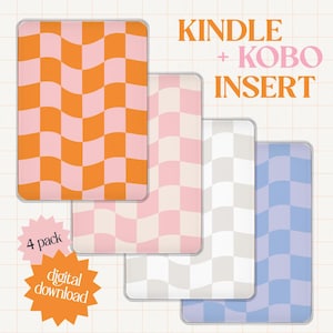 Op de afbeelding: Vier Kindle- en Kobo-inzetstukken met golvende dambordpatronen in oranje en roze, roze en wit, wit en grijs en blauw en paars. De tekst luidt "Kindle + Kobo Insert" en "4 pack digital download".
