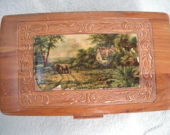 Vintage Carved Cedar Jewelry Keep safe Box Large with Country Scene