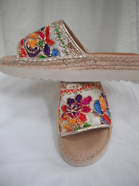 Embroidered and Metallic Wedge Sandal