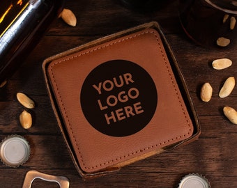 Custom Logo Coasters With Holder, Custom Engraved Coaster Set With Holder, Corporate Logo Gift Idea, Company Logo Gifts For Business Owners