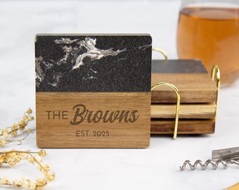 Engraved Marble and Wood Coaster Set with Holder - Personalized Gift