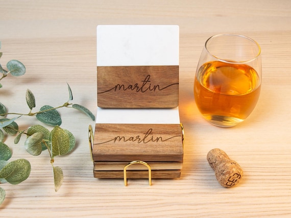 Engraved Wood and Marble Coasters: Personalized Housewarming Gift