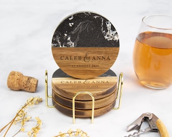 Personalized Wood and Marble Coasters: Engraved Wedding Gift Set