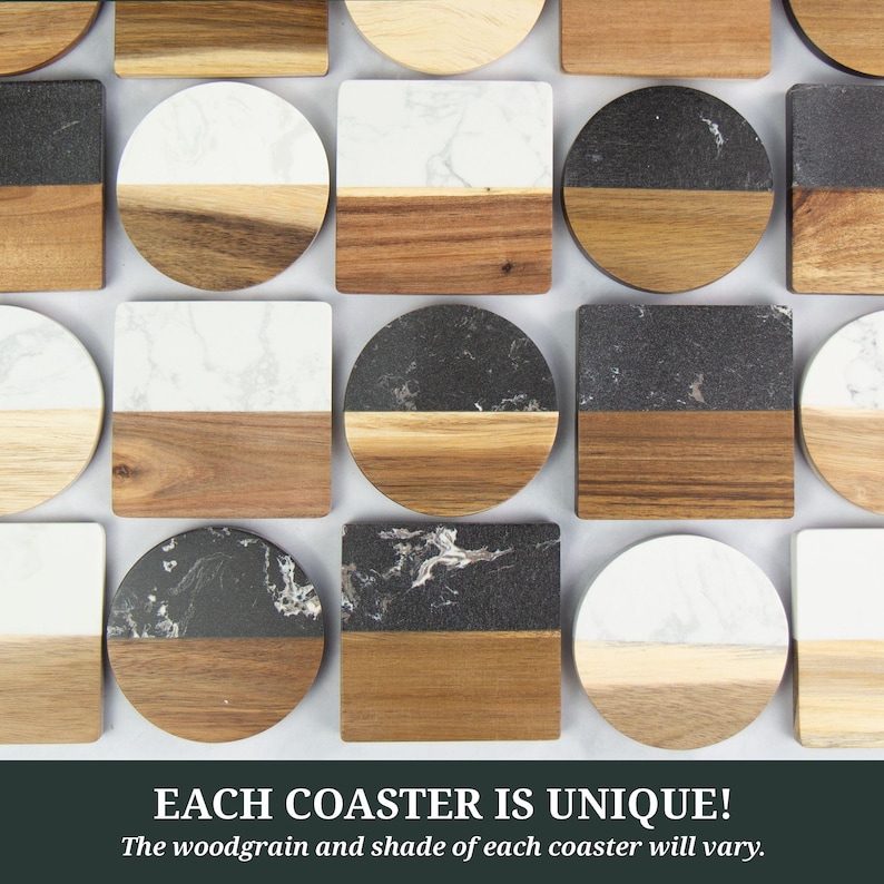 May include: A collection of coasters in various shapes, including square and round. Each coaster features a two-tone design with a woodgrain bottom and a marble or stone top. The text "EACH COASTER IS UNIQUE!" is visible.