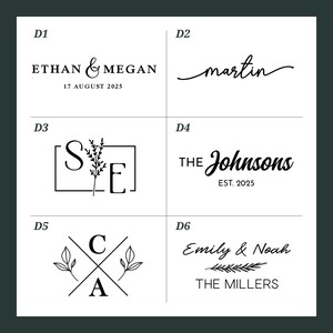 May include: A collection of six black and white designs featuring names, initials, and dates. The designs include elegant script fonts, floral accents, and geometric layouts, suitable for personalized gifts or wedding stationery.