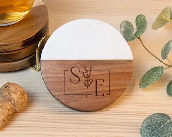 Personalized Marble and Wood Coasters: Engraved Coaster Set with Holder