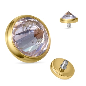 14K Solid Yellow Rose White Gold Bezel Dermal Top with Cubic Zirconia  Internally Threaded, Screw, Body Piercing