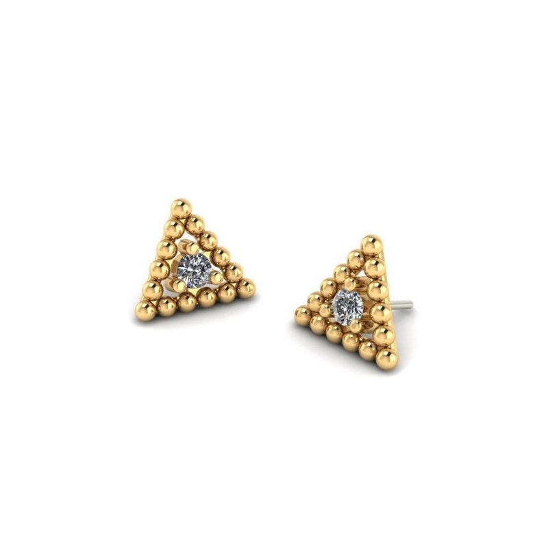 25g Threadless pin 14K Solid Yellow Rose White Gold Beaded Triangle End CZ Set,Piercing 14g or 16g Internally Threaded pins Body Jewelry
