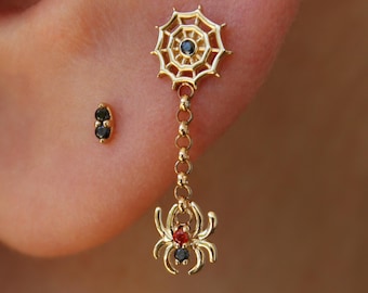 14K Gold Spiderweb and Spider Dangle piercing : Cubic Zirconia