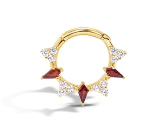 14k Gold Freyja Garnet Septum Ring: Helix Daith Hoop 16g