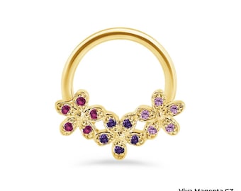 14k Solid  Gold Alyssa Flower Seamless Ring with Clear CZ, Septum, Daith body jewelry.