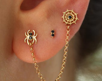 14K Gold Spiderweb Chain Earring: Black CZ Spider Ends