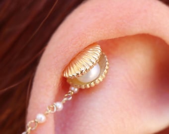 14k Gold Shell Stud Earring: Genuine Pearl, Yellow White Rose Gold, 25g/14g/16g