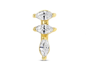 14k Gold Marquise CZ Bar Stud: 25g Threadless, 14/16g Threaded Pin