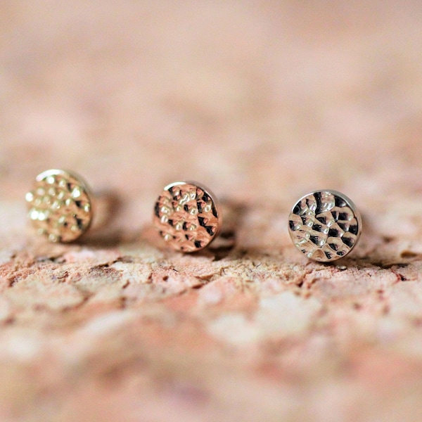 14K Gold Hammered Round Disc Piercing: Yellow, Rose, White Threadless and Threaded stud