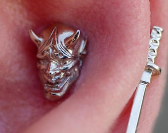 14k Solid Gold Samurai Mask Stud: Threadless Body Jewelry