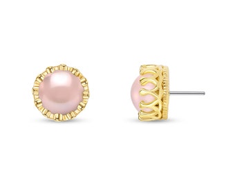 14k Gold Crown Stud Earring: Rose Pearl Piercing Jewelry