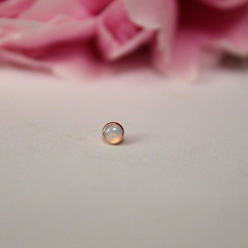 Body Jewelry Piercing 14g or 16g Internally Threaded pins 14K Solid Yellow Rose White Gold Bezel With Real Opal 25g Threadless pin