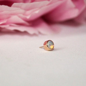 14K Solid Yellow Rose White Gold Bezel With Real Opal ,Piercing, Body Jewelry, 25g Threadless pin , 14g or 16g Internally Threaded pins