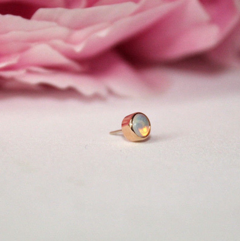 Body Jewelry Piercing 14g or 16g Internally Threaded pins 14K Solid Yellow Rose White Gold Bezel With Real Opal 25g Threadless pin