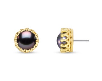 14k Gold Crown Black Pearl Stud Earring: 25g, 14g, 16g Piercing