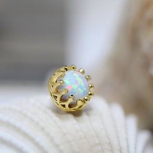 14k Solid Yellow Rose White Gold Crown Stud with Synthetic Opal Stud, Piercing, Body Jewelry  25g threadless, 14g or 16g Threaded pins