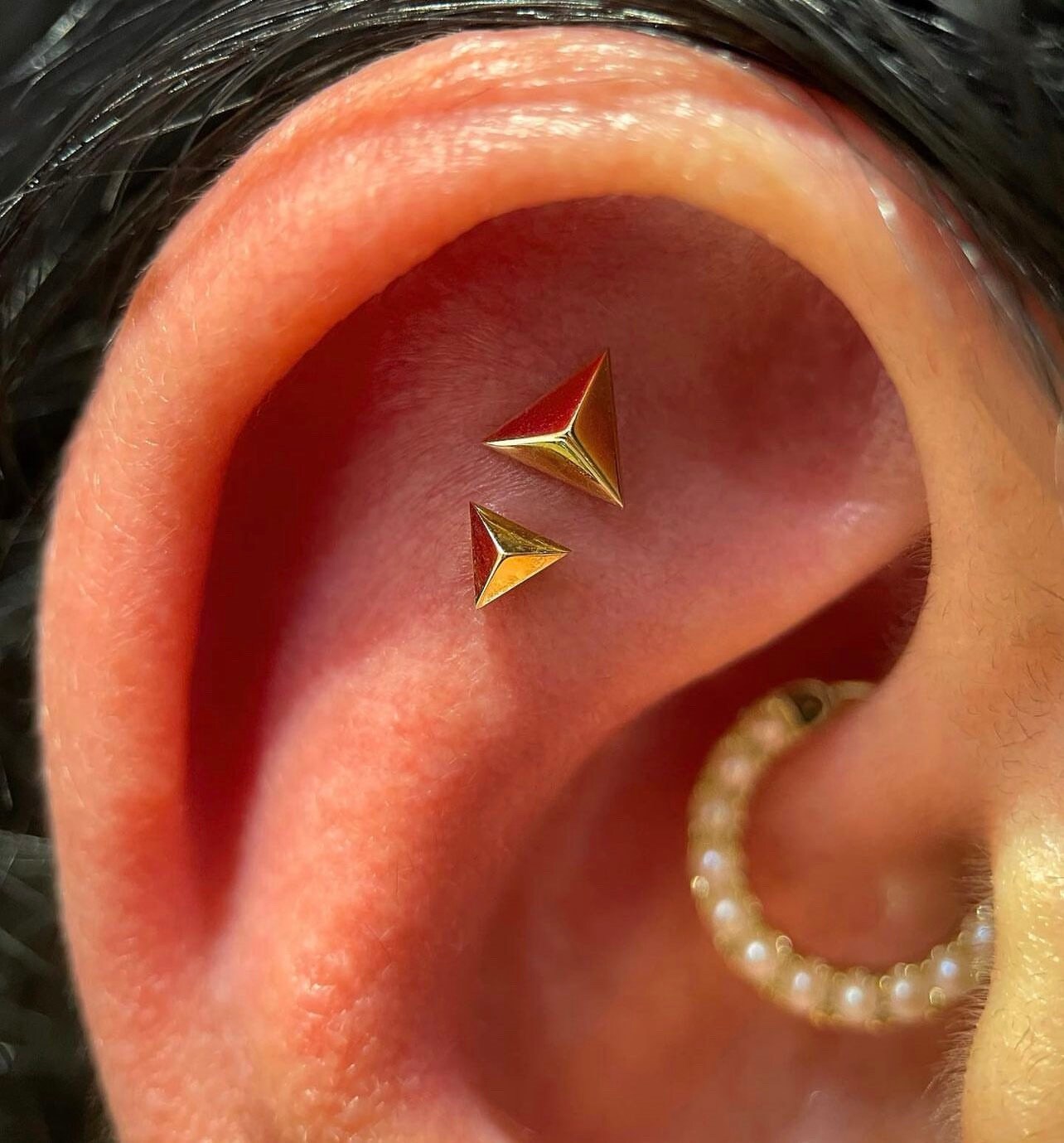 14k Solid Yellow Rose White Triangle Pyramid Stud, Square