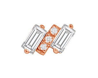 14k Gold Baguette CZ Stud: 25g Threadless, 14g/16g Threaded Pins