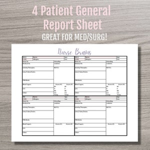 4 Patient Nurse Report Sheet - INSTANT PDF DOWNLOAD - Brain Sheet - Great for Med/Surg - Print Yourself
