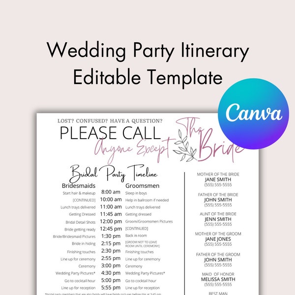 Editable Wedding Itinerary Template - Create Your Perfect Day with this Customizable Schedule - Edit in Canva and Print