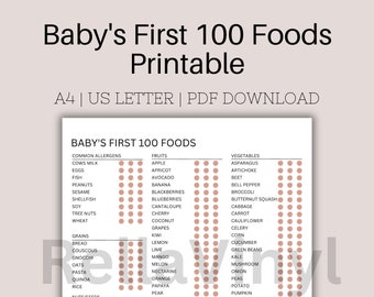 May include: A printable chart with a list of 100 foods for babies, organized by category: common allergens, fruits, vegetables, nuts/seeds, grains, beans/legumes, protein, and herbs/spices. Each food is represented by a circle with a checkmark inside.