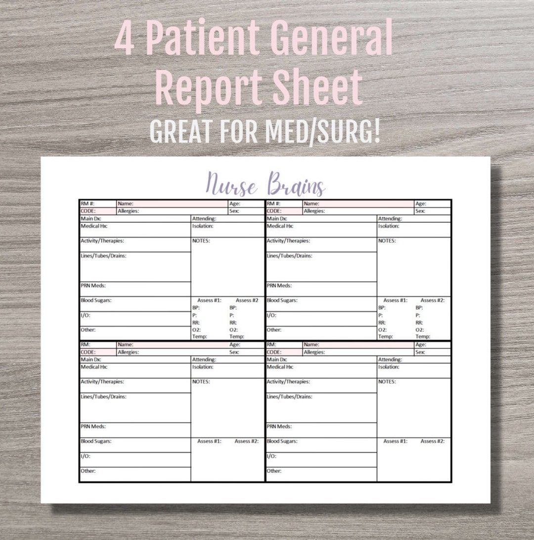 4 Patient Nurse Report Sheet - INSTANT PDF DOWNLOAD - Brain Sheet - Great for Med/surg - Print Yourself - Etsy 4-patient-nurse-report-sheet-instant-pdf-download-brain-sheet-great-for-med-surg-print-yourself-etsy
