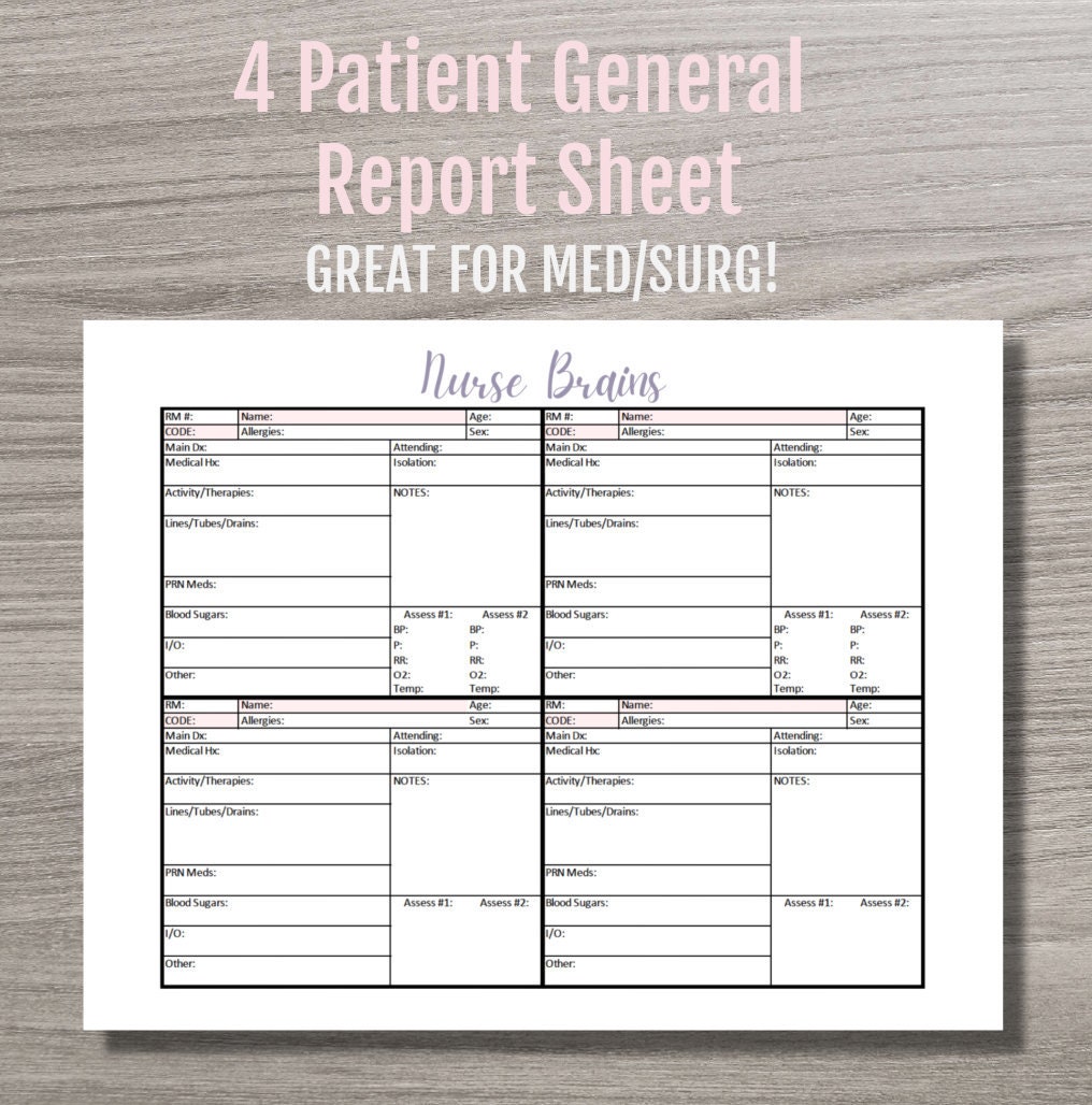 21 Patient Nurse Report Sheet - INSTANT PDF DOWNLOAD - Brain Sheet - Great  for Med/Surg - Print Yourself Inside Med Surg Report Sheet Templates