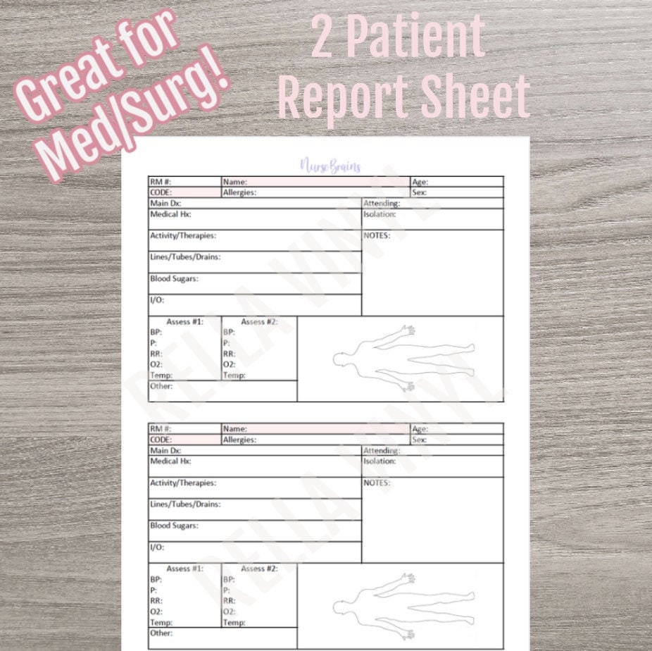 2 Patient Nursing Report Sheet Nurse Brains Sheet Med/Surg | Etsy